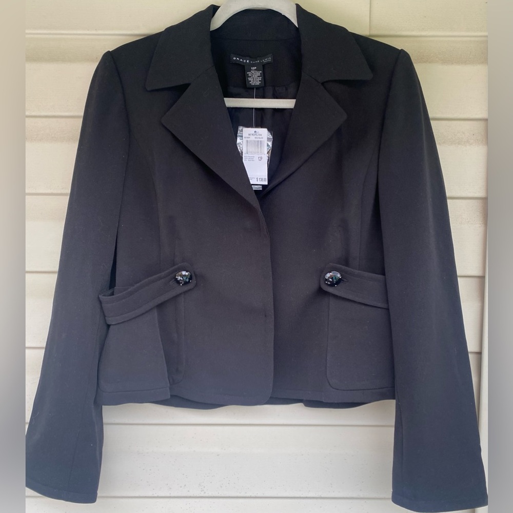 Grace Dan Lewis Women’s Black Blazer Jacket with Black Jewel Buttons 12 Petite